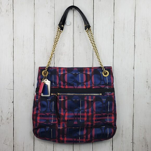 Coach Poppy Tartan Signature Navy/Pink Chain Slim Tote Crossbody Bag Vintage - Picture 1 of 16